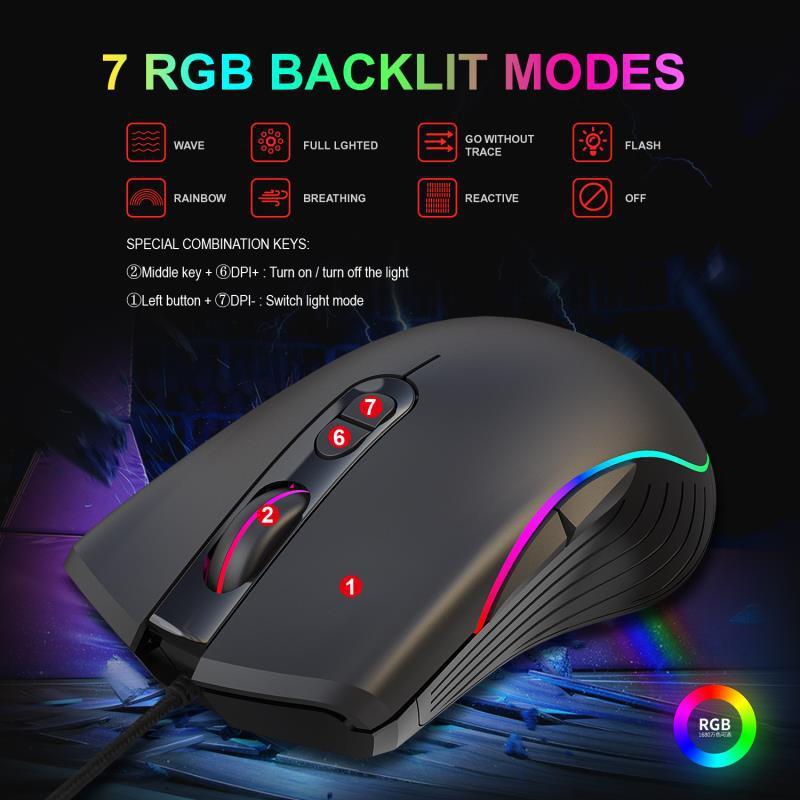 6400 DPI Ergonomic Gaming Mouse - Wired USB, 7 Keys, Adjustable, Four-Way Scroll