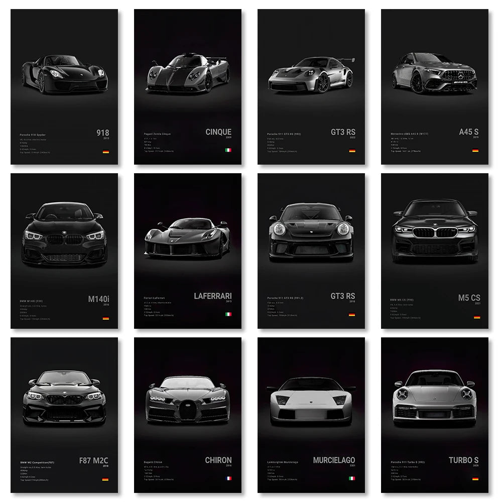 Famous Cars Canvas Art - M5, 918 GT3, G63, STO, SLS - Unframed Wall Decor