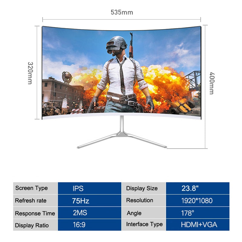 DASKA 24'' Curved Gaming Monitor - 2ms Response, Full HD, HDMI/VGA Inputs