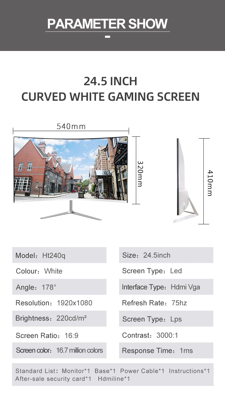 DASKA 24'' Curved Gaming Monitor - 2ms Response, Full HD, HDMI/VGA Inputs