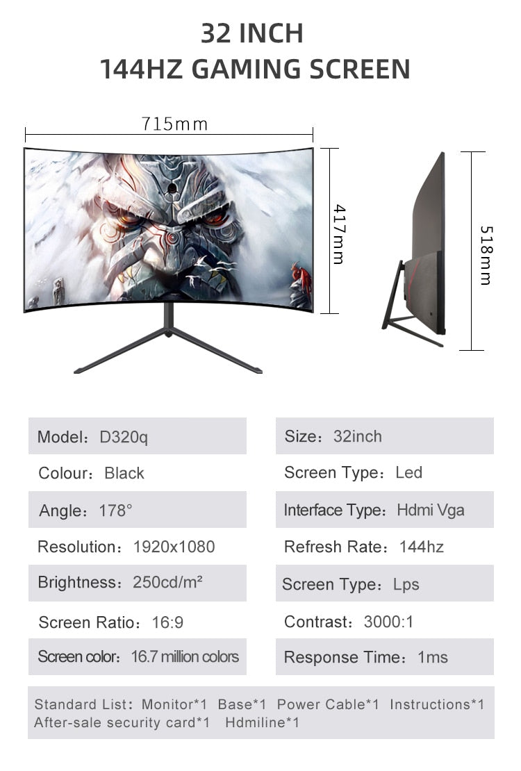 DASKA 24'' Curved Gaming Monitor - 2ms Response, Full HD, HDMI/VGA Inputs