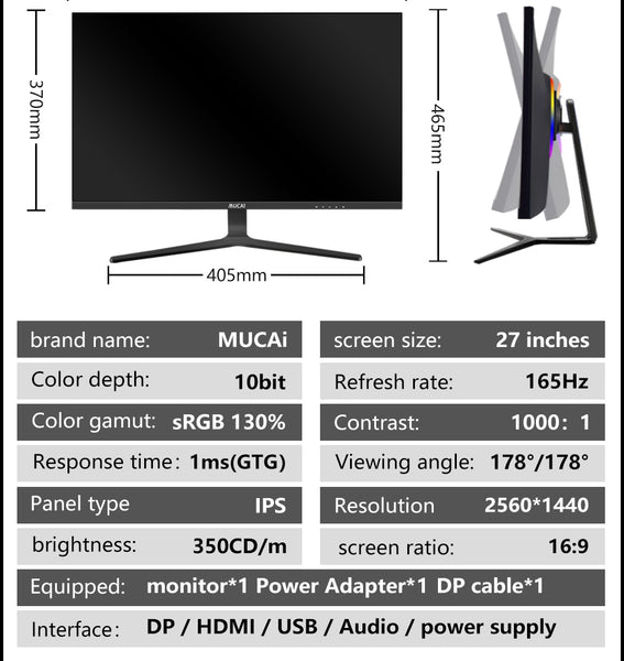MUCAI 27 Inch Monitor 2K 144Hz IPS PC Lcd Display QHD 165Hz Desktop Gaming Gamer Computer Screen Flat Panel HDMI/DP
