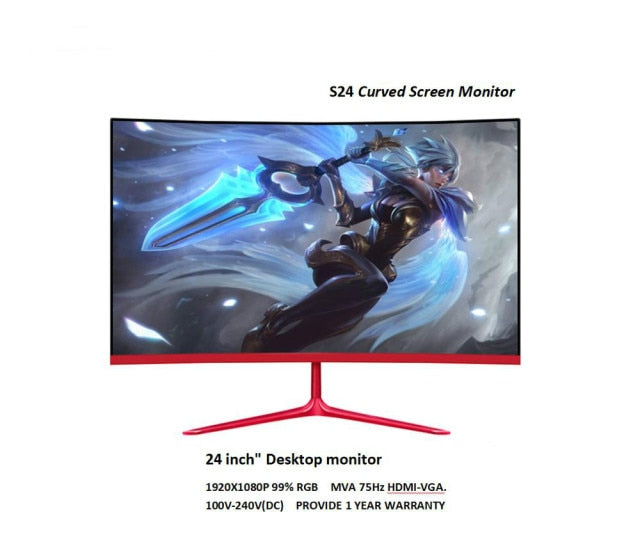 24 inch Curved 75Hz Monitor Gaming Game Competition 23.8" MVA Computer Display Screen Full Hdd input 2ms Respons HDMI/VGA